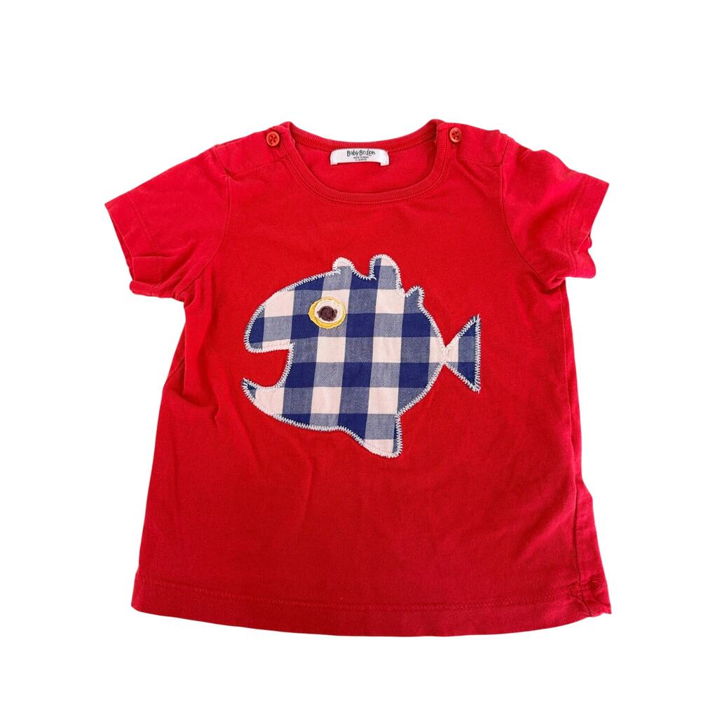 Baby Boden Red Tee with Blue Plaid Fish Appliqué 12-18M